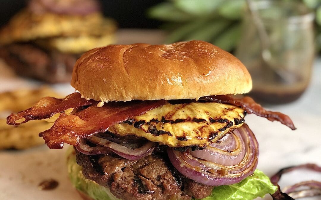 Pineapple Avocado Bacon Burgers with Rum Sauce