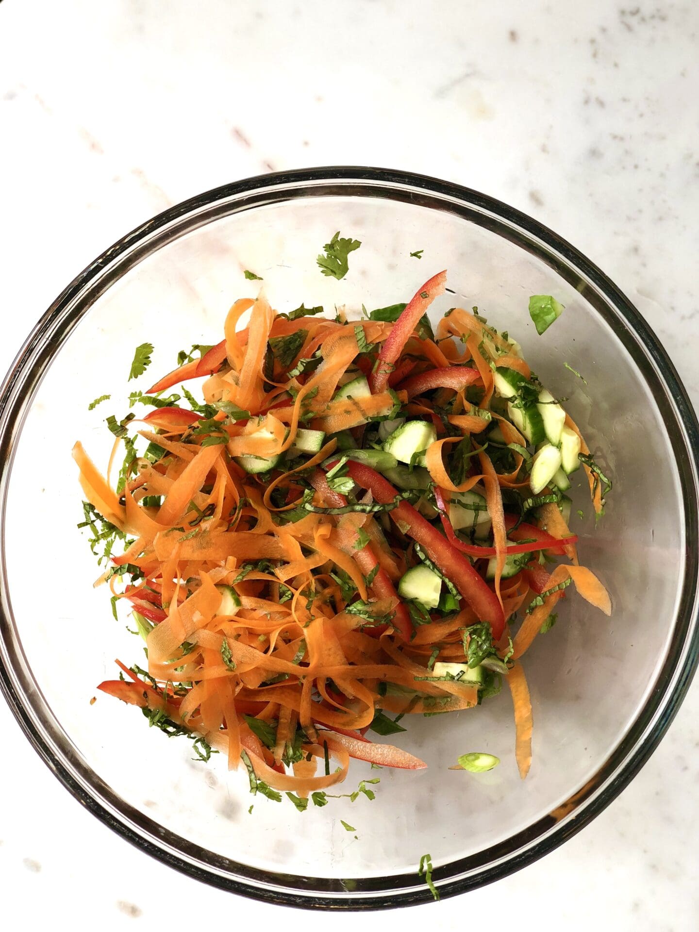 55DAA79A-AE08-44E5-A946-74AE5E484E95 Cut vegetables and herbs tossed together in a glass bowl