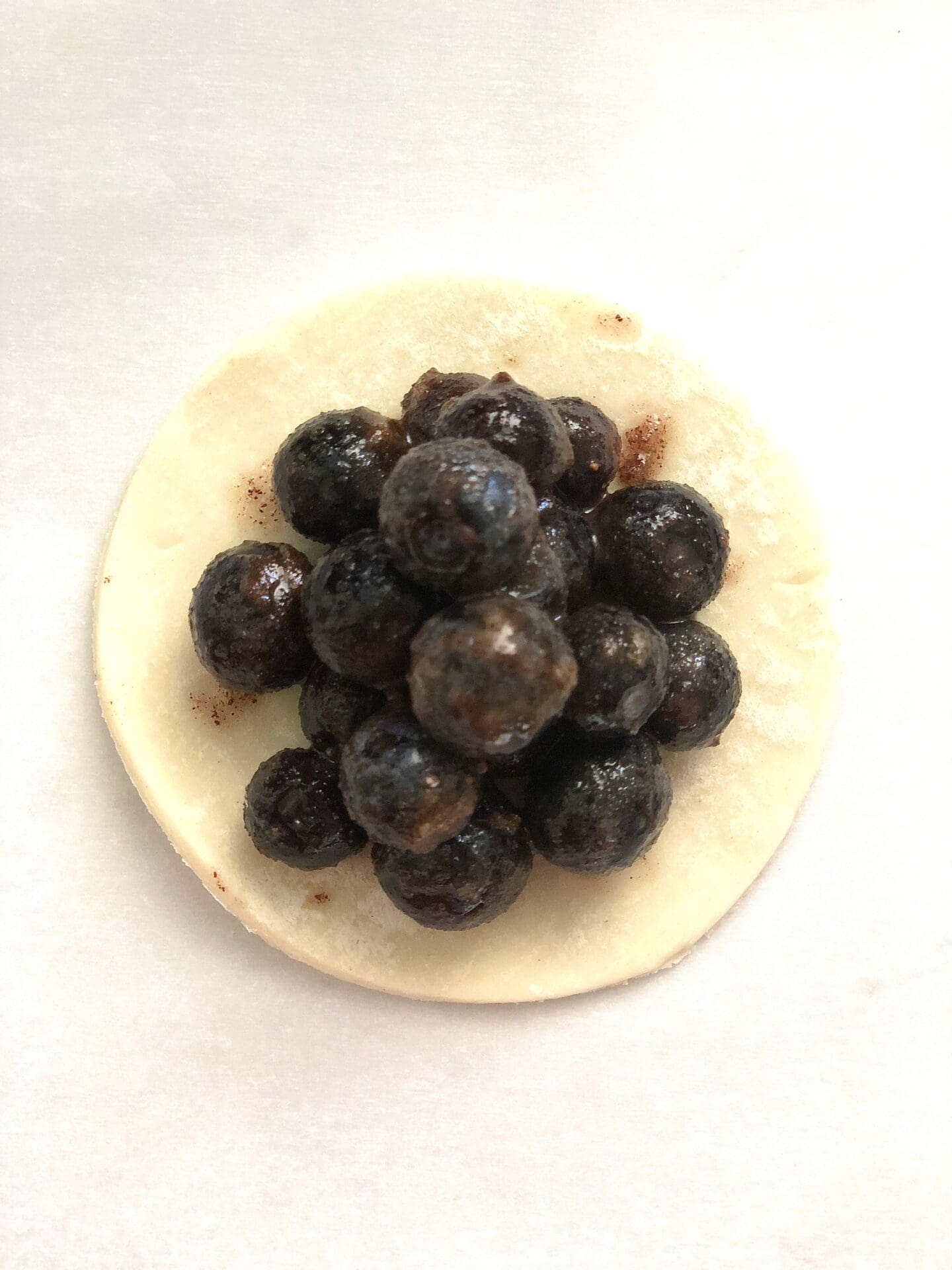 7E79AEB0-96E9-40A9-9E8E-60D255B5D228 Blueberry pie filling on a pastry round