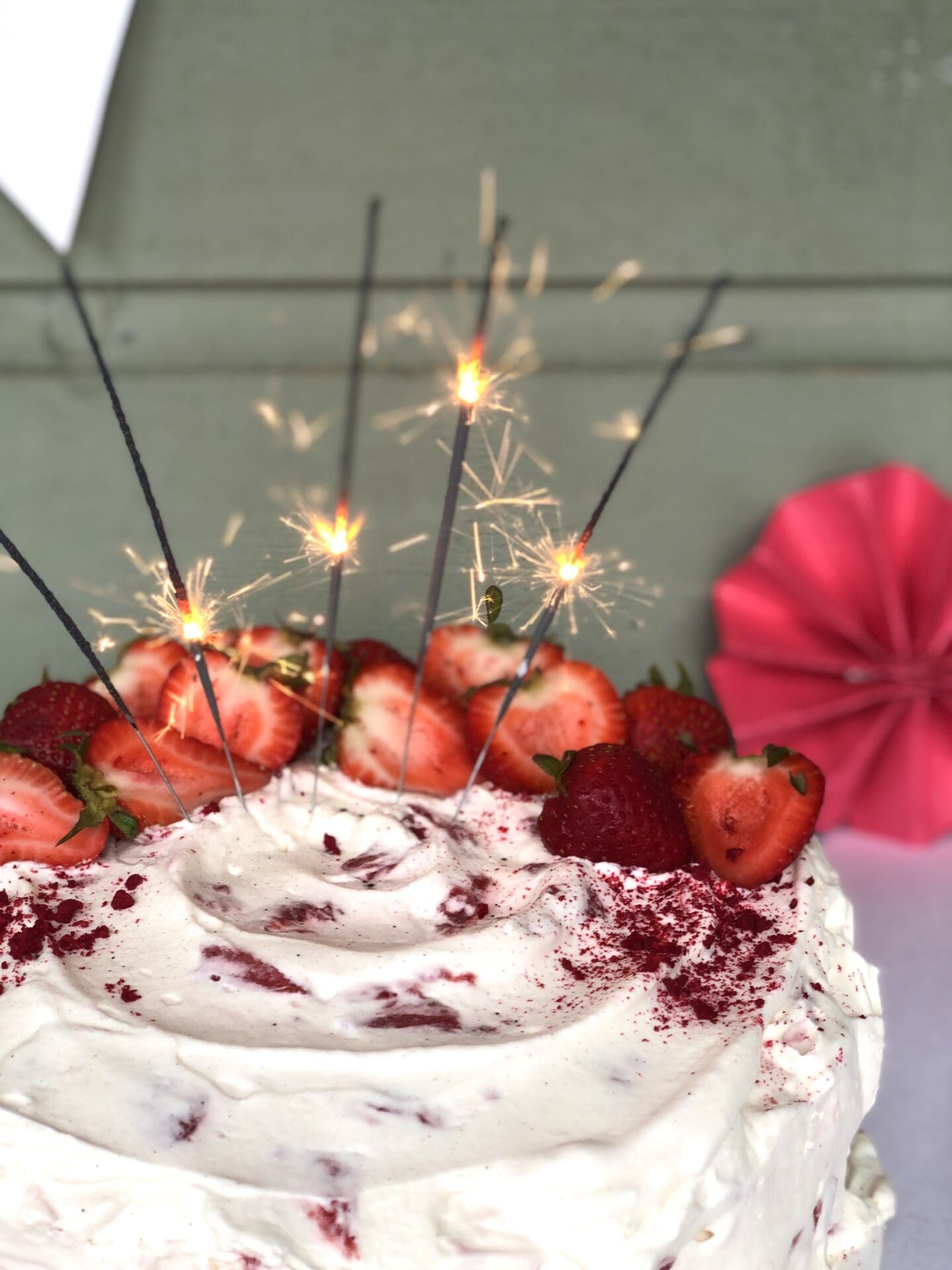 B05A9C1B-430D-4240-9328-7B8492E9013D Canada Day Strawberries and Cream Cake with sparklers