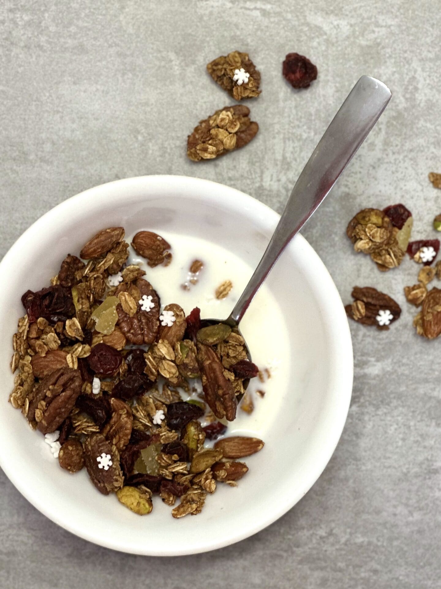 F2A8026F-0595-48B9-84E7-2AEB3C08E80B Bowl of homemade gingerbread granola served for a holiday breakfast with milk
