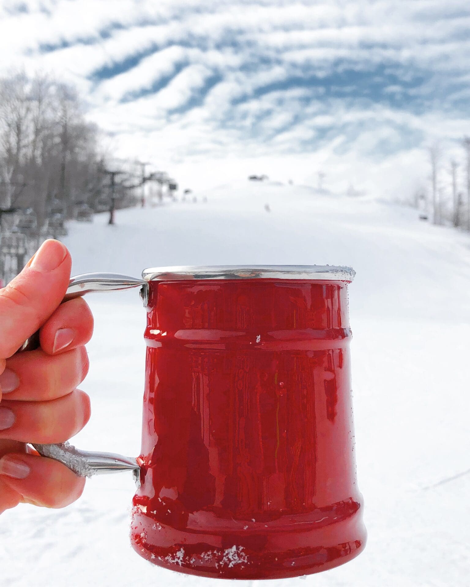red enamel skin being raised in celebration in front of a snow covered ski hill