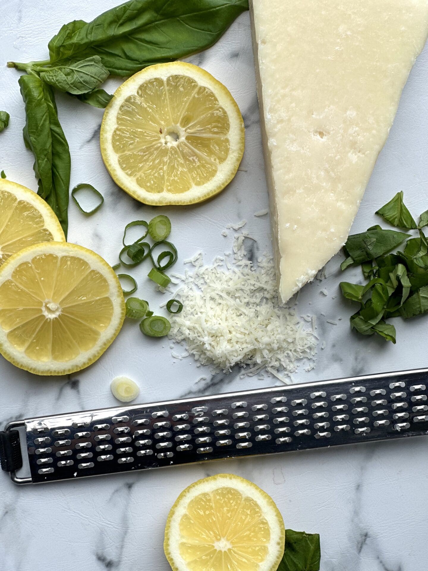 9BCD5EE1-8796-4834-8DEE-178C64A42FE9 Lemon slices, chopped green onions, fresh basil leaves. and freshly grated parmesan cheese for garnishing Spring Straciatella Soup