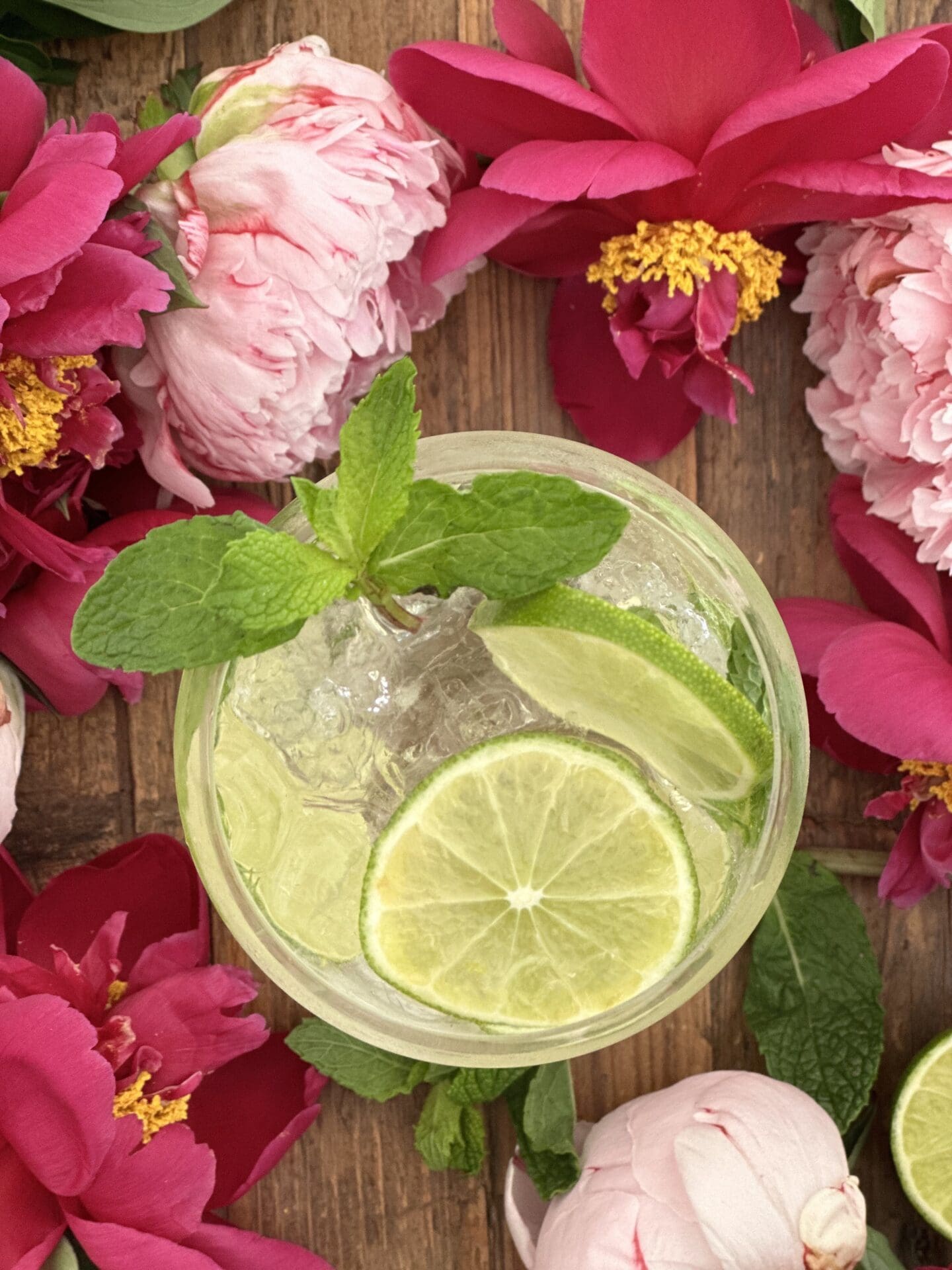 IMG_8165 Hugo Spritz cocktail seen from above with garnishes or lime wheels and fresh mint surrounded by pink and magenta peonies