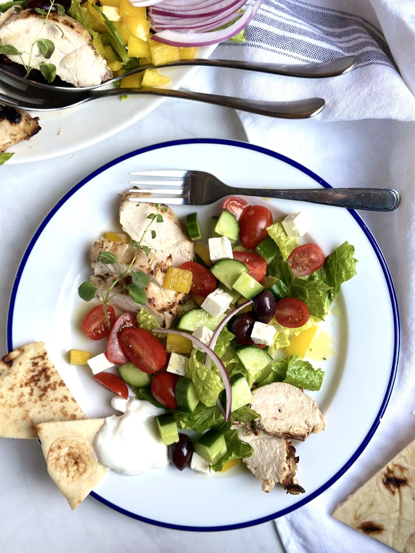 IMG_0459 A plate of Grilled Chicken Souvlaki Salad is served on a plate with pita and tzatziki