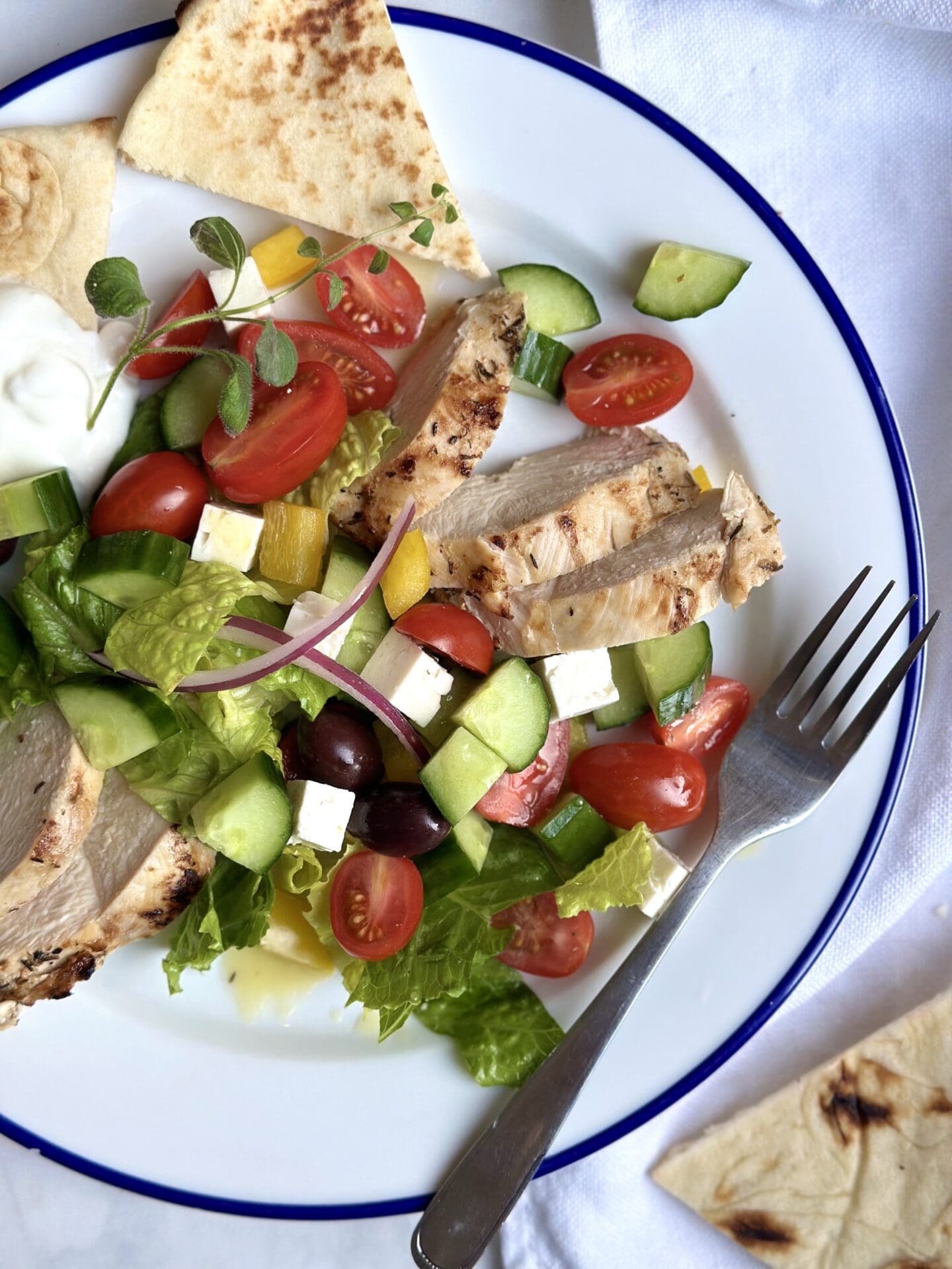 IMG_0462 A serving of greek salad with chicken, pita and tzatziki is seen from above on a blue and white plate