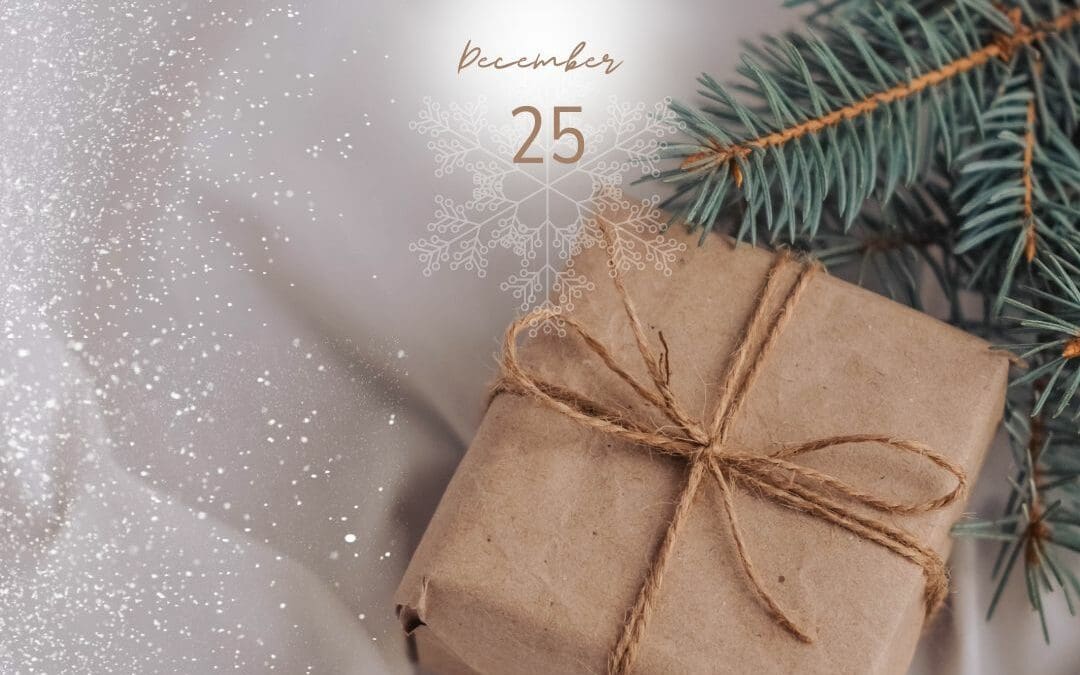 A brown paper wrapped gift is seen from above with a Christmas tree bough