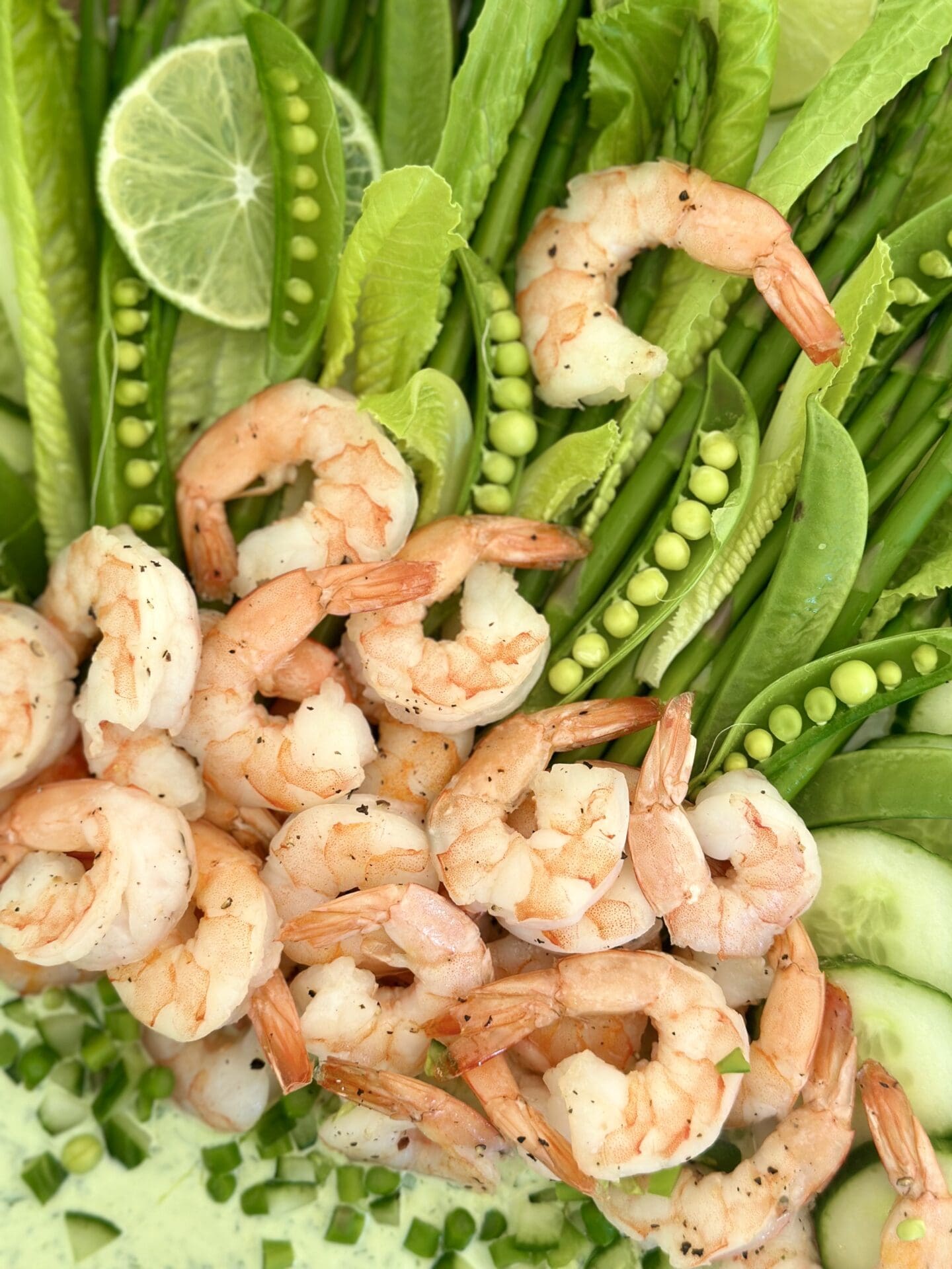 IMG_1444 An artfully arranged platter of roasted shrimp and spring vegetables with creamy herb dip is seen from above