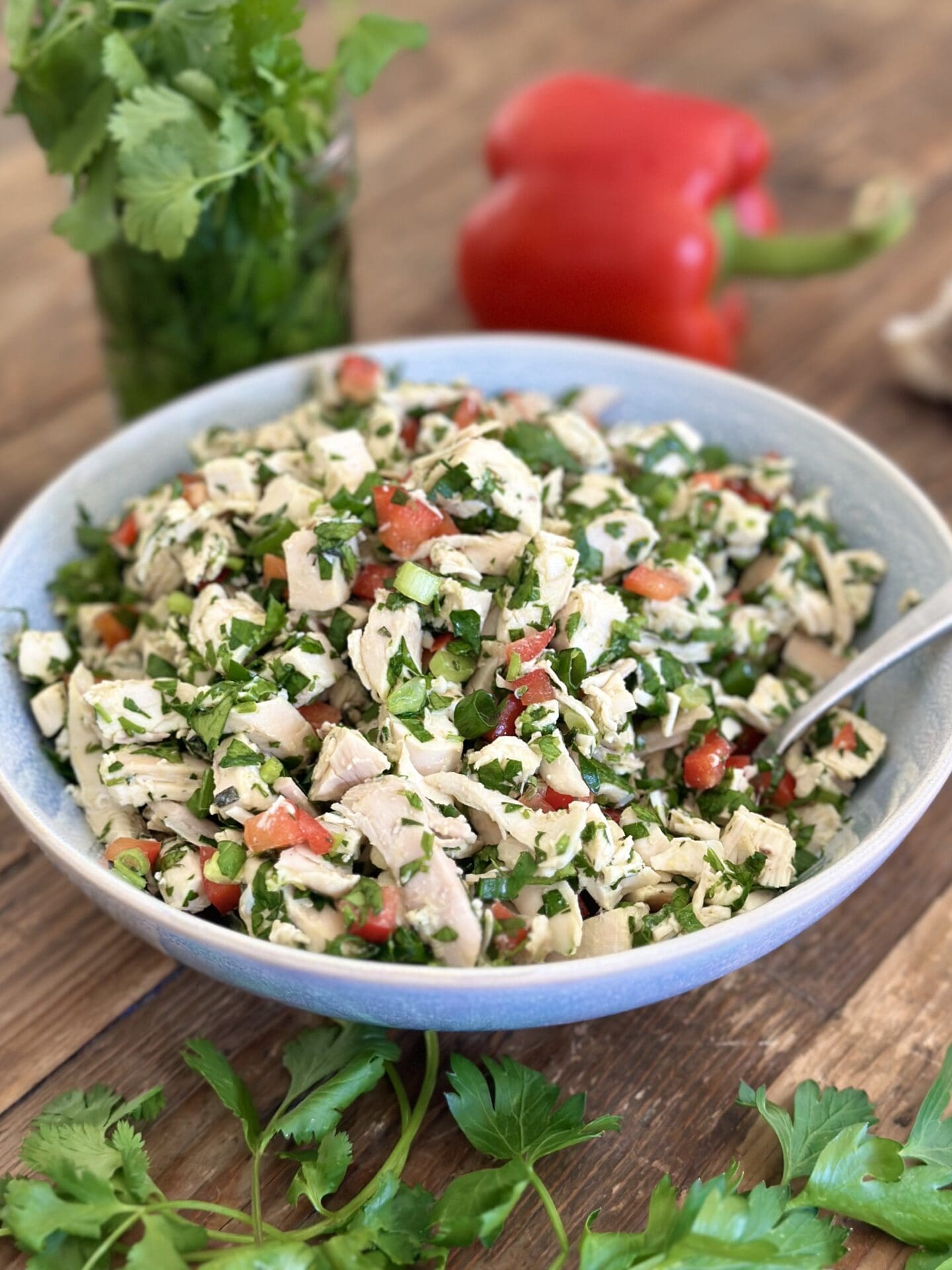 IMG_1531 A bowl of chimichurri chicken salad is seen on a wood table surrounded by fresh parsley, cilantro, oregano, red bell pepper and garlic