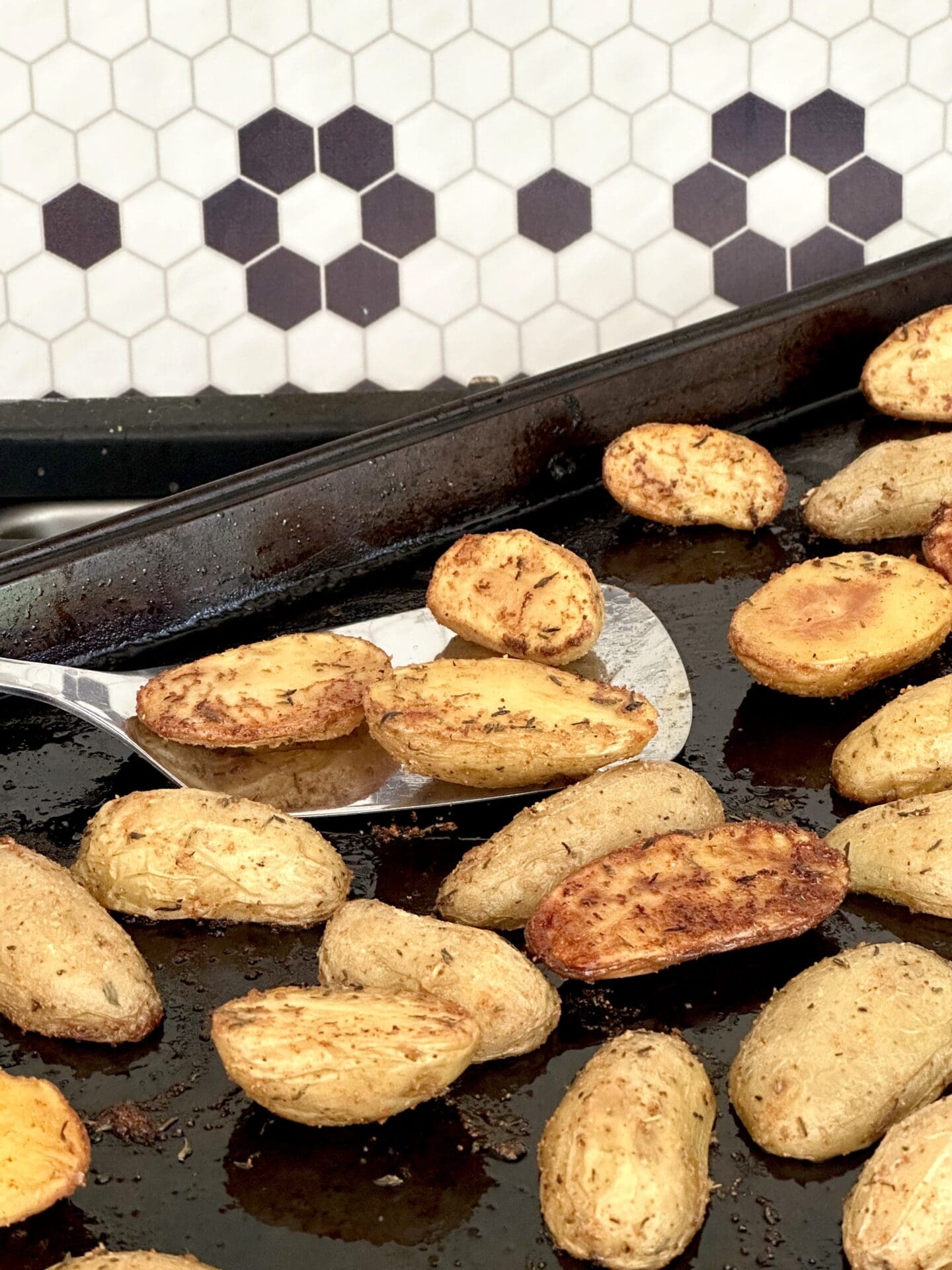 IMG_2029 A baking sheet of fresh and hot roasted fingerling potatoes rests on a cook top ready to be served