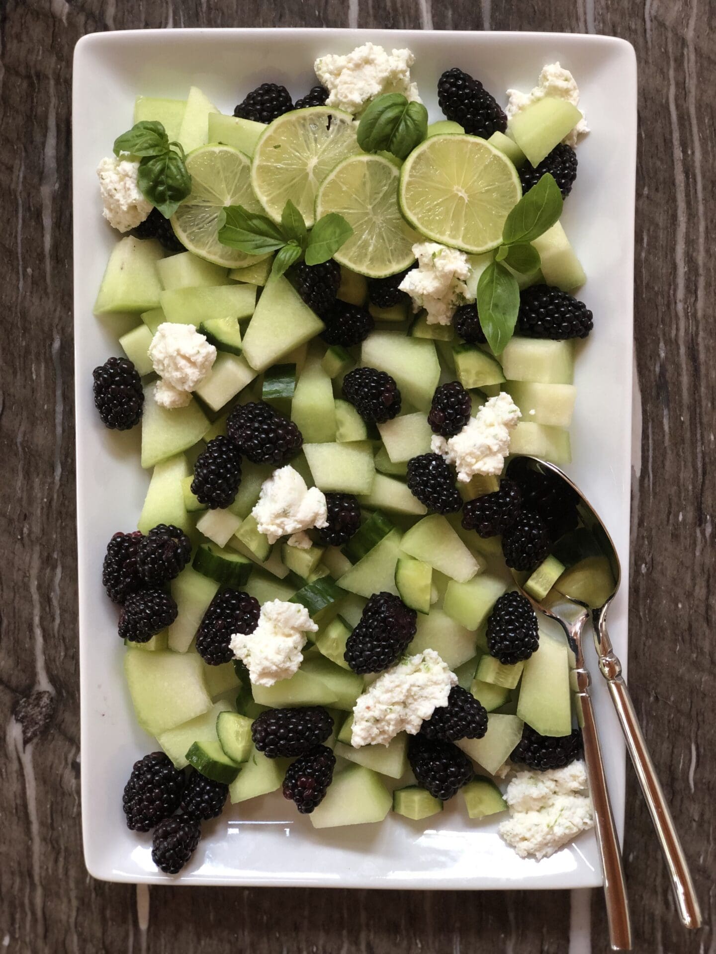 IMG_7039 A salad of honeydew melon, blackberries, cucumbers and ricotta cheese is seen from above, garnished with fresh mint and lime wheels
