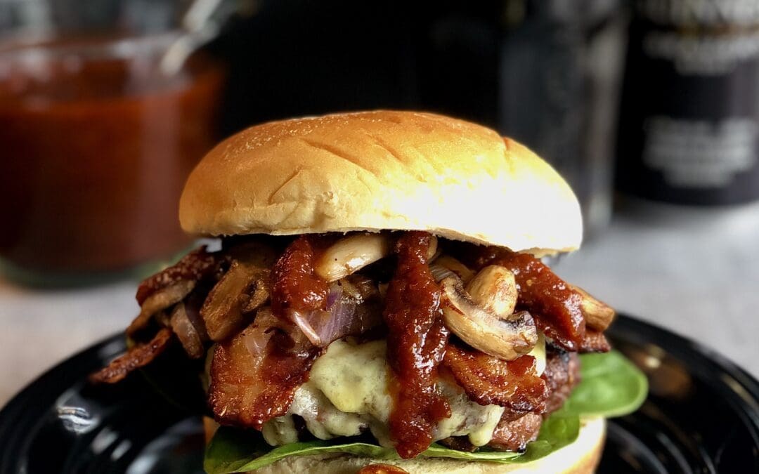 Guinness Bacon Burgers with Mushrooms and Irish Cheddar