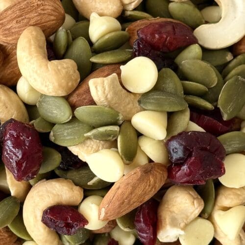 White Chocolate and Cranberry Trail Mix is seen from above, close up.