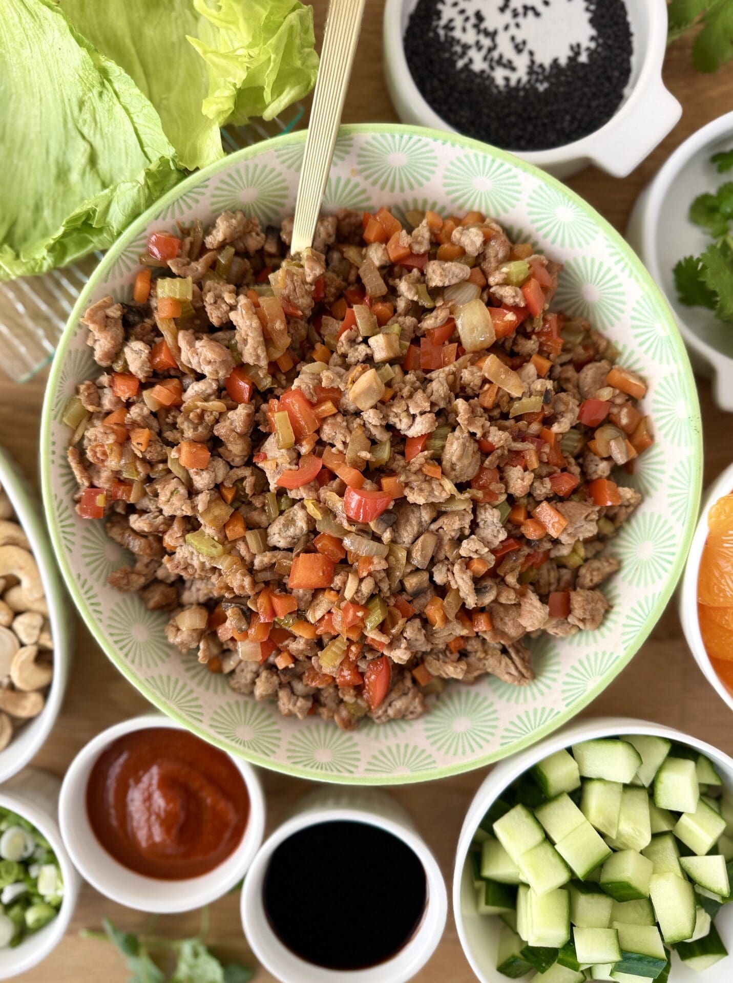 IMG_5328 A bowl of Turkey Lettuce Wrap Filling is seen from above, surrounded by smaller bowls of colourful toppings for the wraps.