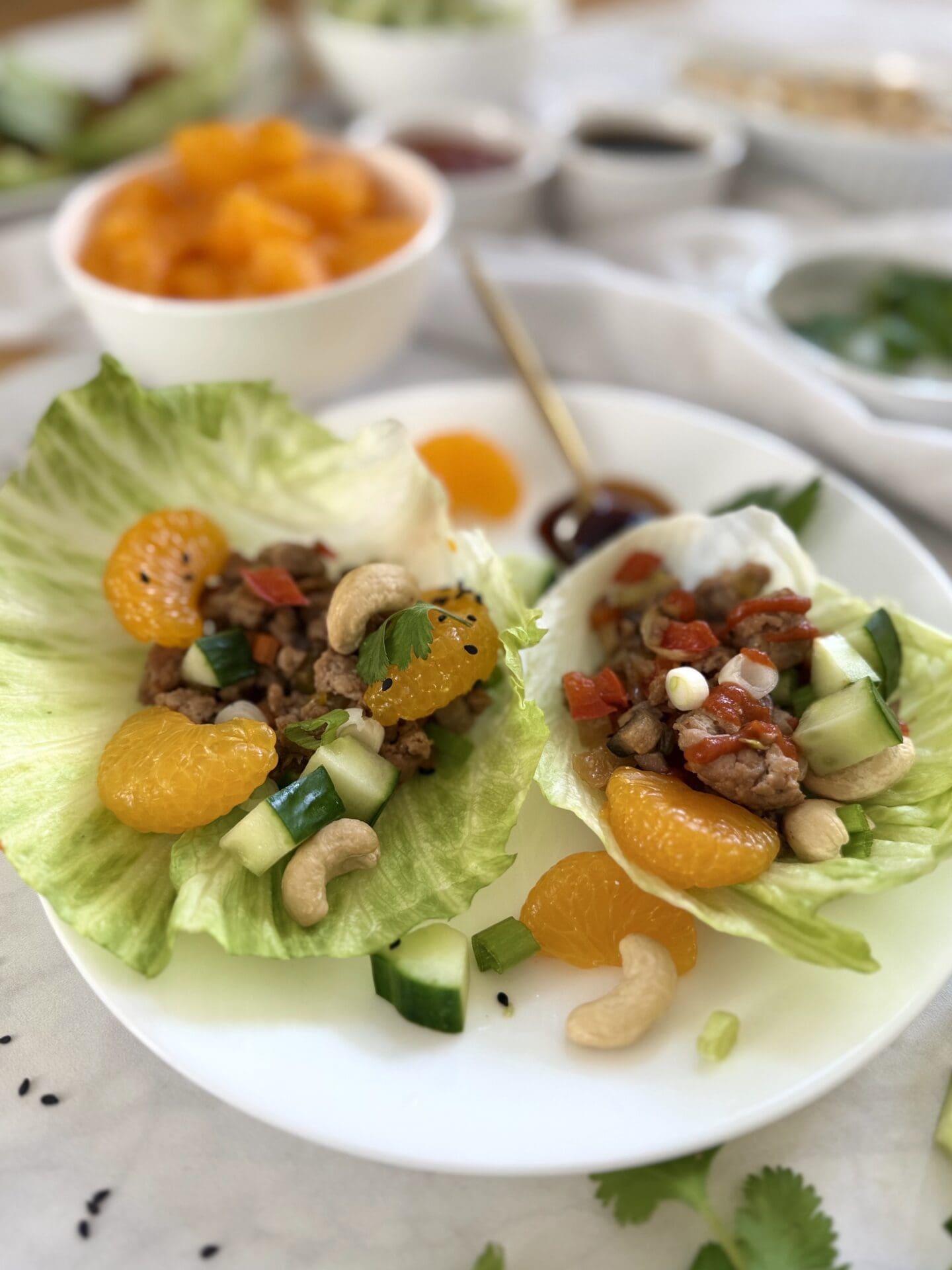IMG_5348 An individual dinner plate filed with a serving of turkey lettuce wraps is seen on a table, surrounded by small bowls of colourful toppings.