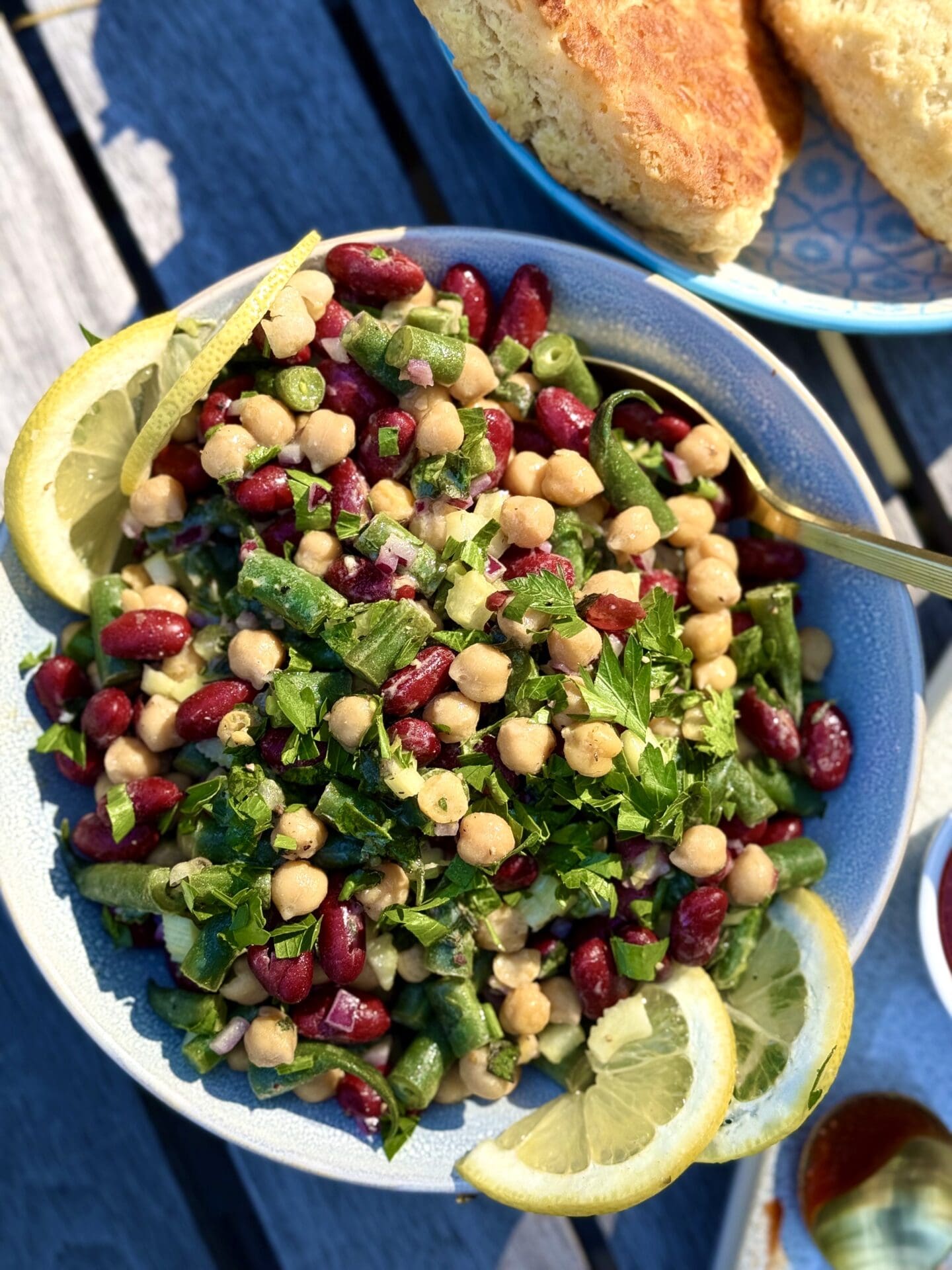 Marinated Three Bean Salad is seen from above on a picnic table in the late afternoon light, garnished with lemon slices