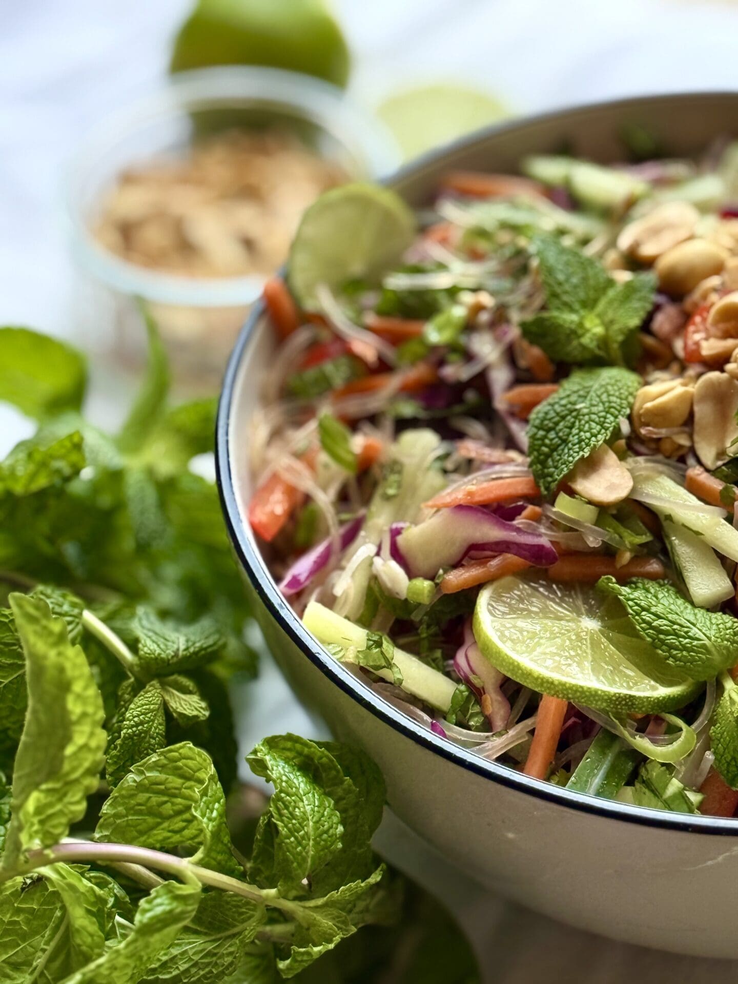  A bowl filled with Spring Roll Noodle Salad is seen from the side, surrounded by bunches of fresh mint leaves, fresh limes and a bowl of crushed peanuts.