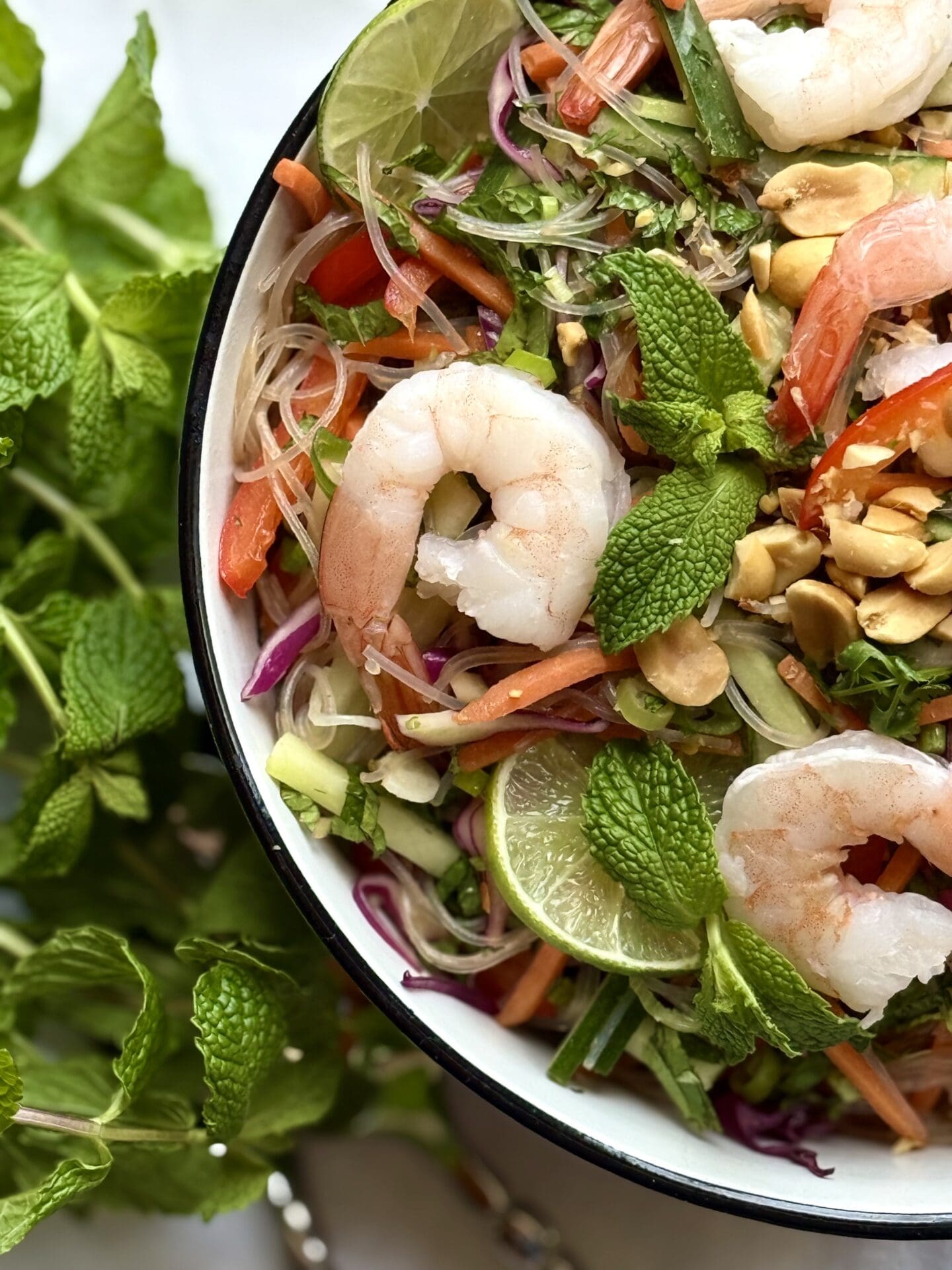 IMG_6431 A bowl of colourful Spring Roll Noodle Salad is seen, with the addition of poached shrimp.
